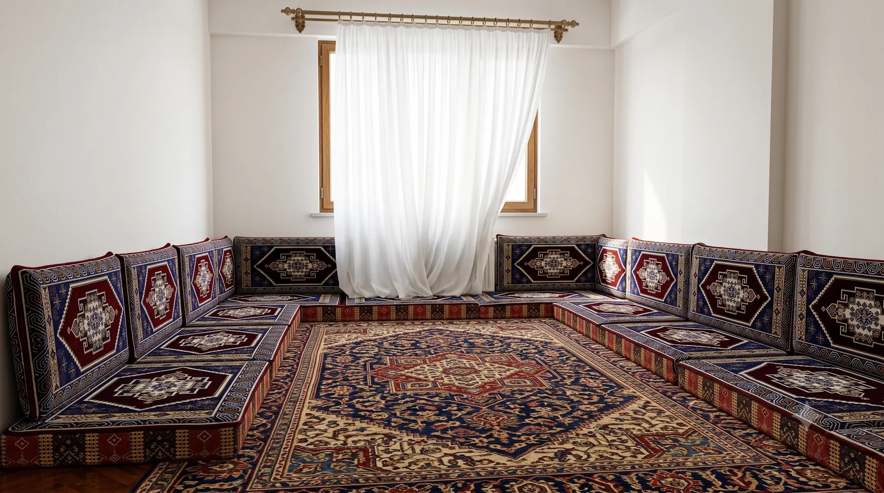 Kilim desenli döşemeli, odanın çevresini saran geleneksel şark odası oturumu